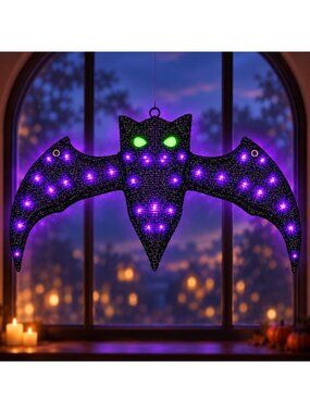 40.9 Inch Lighted Halloween Bat Decor with Glowing Green Eyes and Purple LEDs